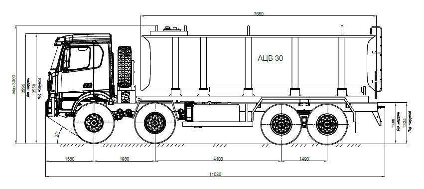 Чертёж: Автоцистерна АЦВ-30 на шасси 8×8, вид сбоку